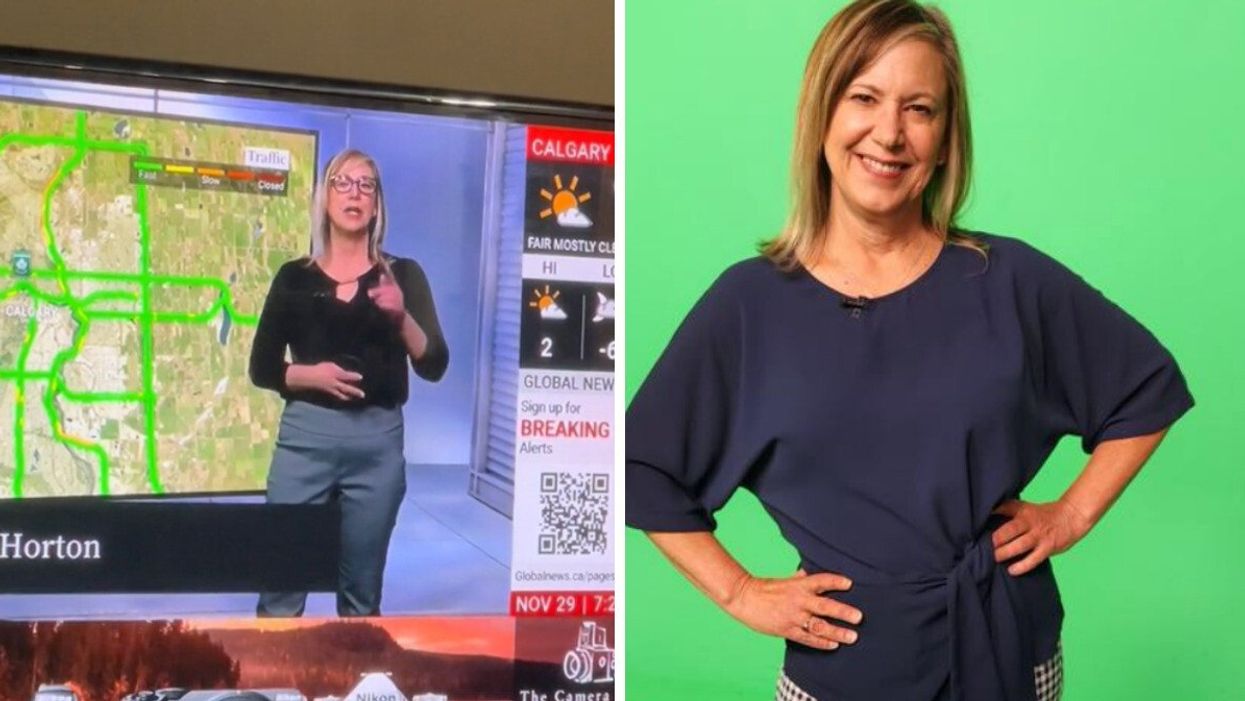Leslie Horton on TV responding to the viewer email. Right: Leslie Horton standing with her hands on her hips in front of a green screen.
