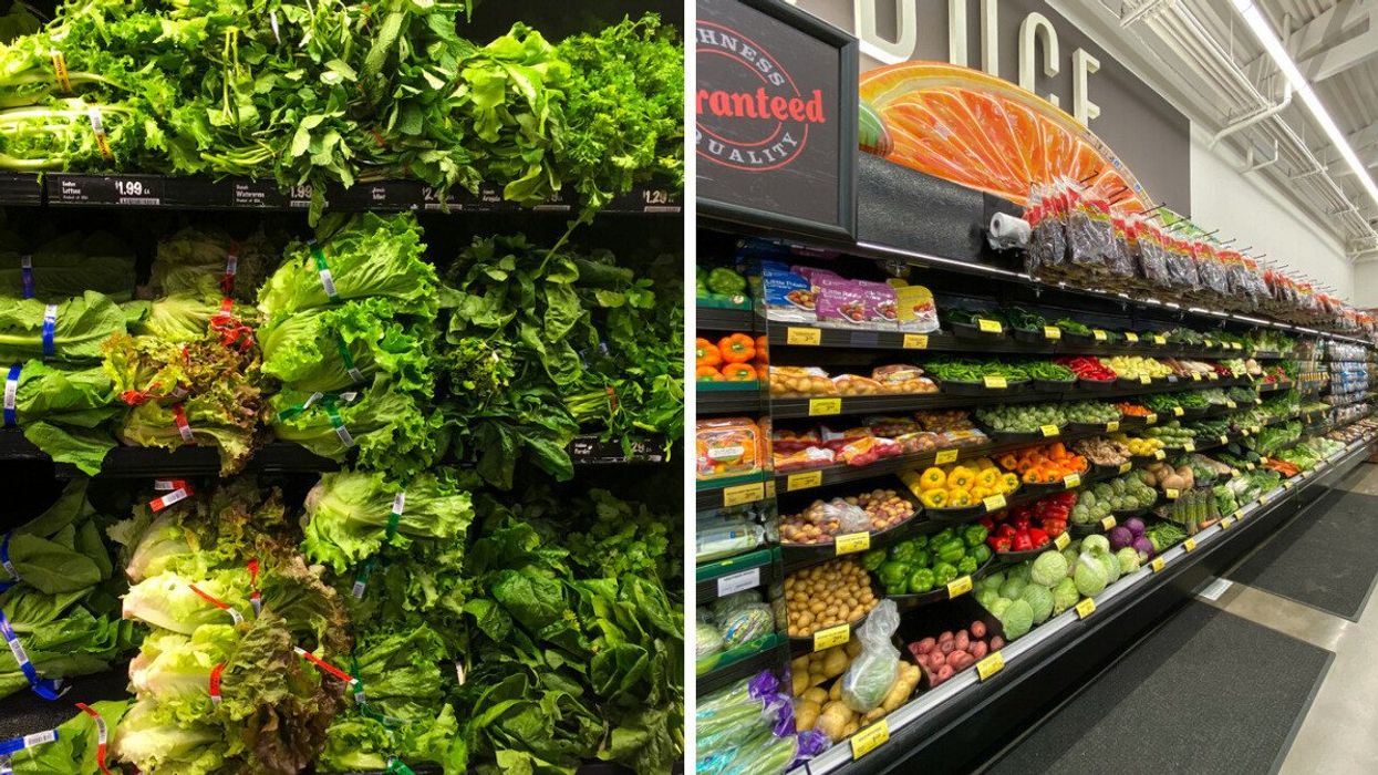 Lettuce in a grocery store. Right: The vegetable and fruit aisle inside a supermarket.
