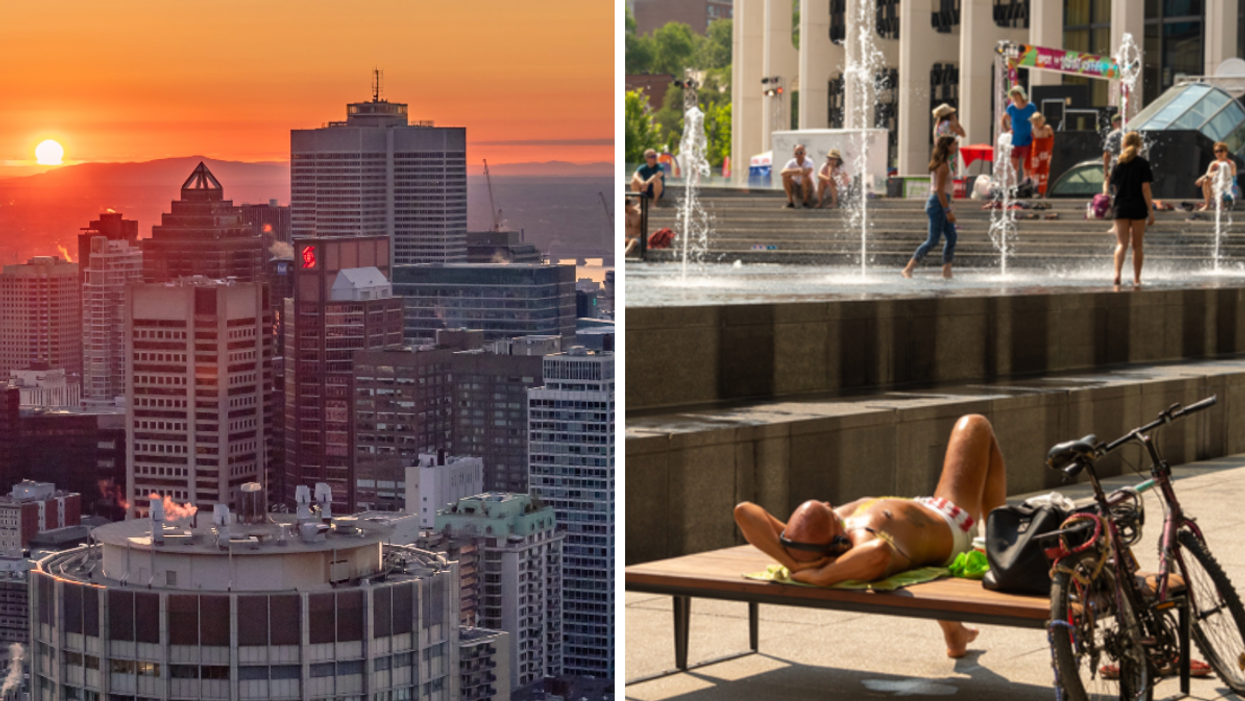 Lever de soleil à Montréal. Droite : Des gens jouent dans les fontaines ou se couchent au soleil lors des chaleurs à Montréal.