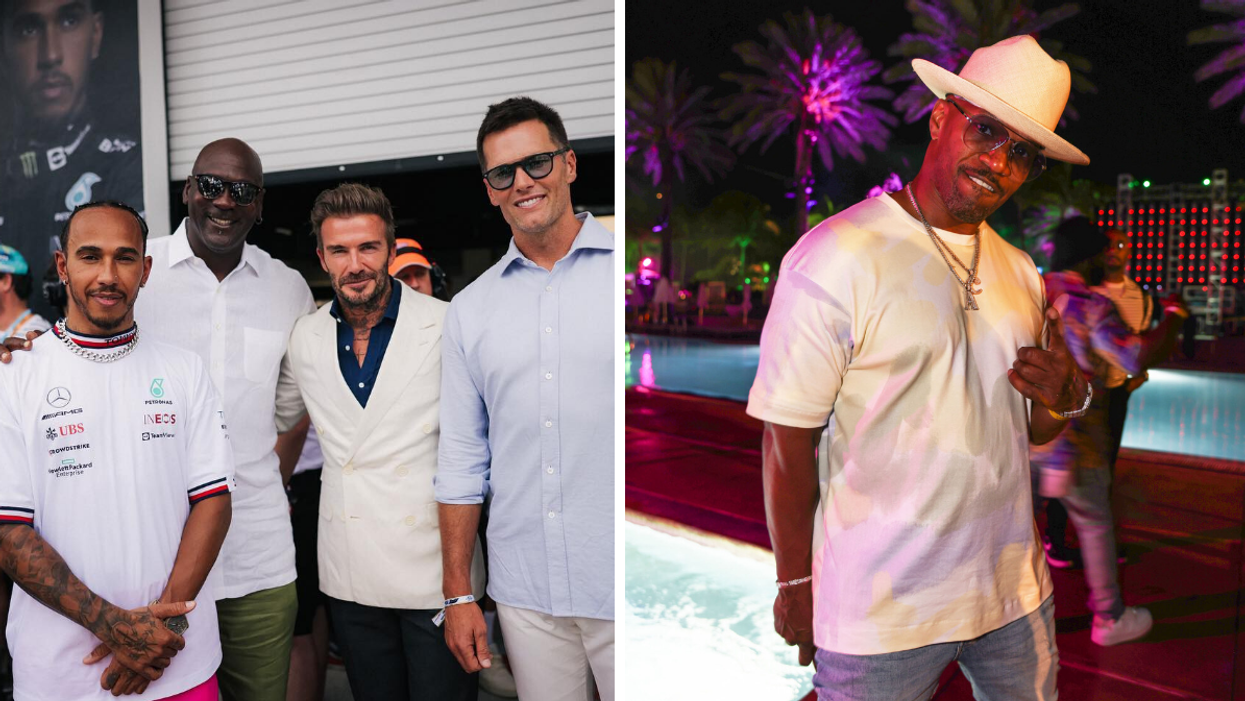 Lewis Hamilton, Michael Jordan, David Beckham and Tom Brady at the Miami Grand Prix. Right: Jamie Foxx at Miami's Fontainebleau Miami.