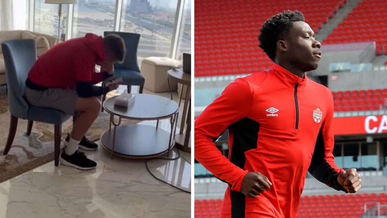 Liam Fraser on the phone with his family. Right: Alphonso Davies.