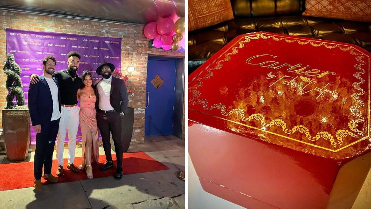 LIB cast members during the 'Love Is Blind' season 3 premiere party in Dallas, TX. Right: A Cartier-inspired box from Felix Culpa bar in Dallas, TX.