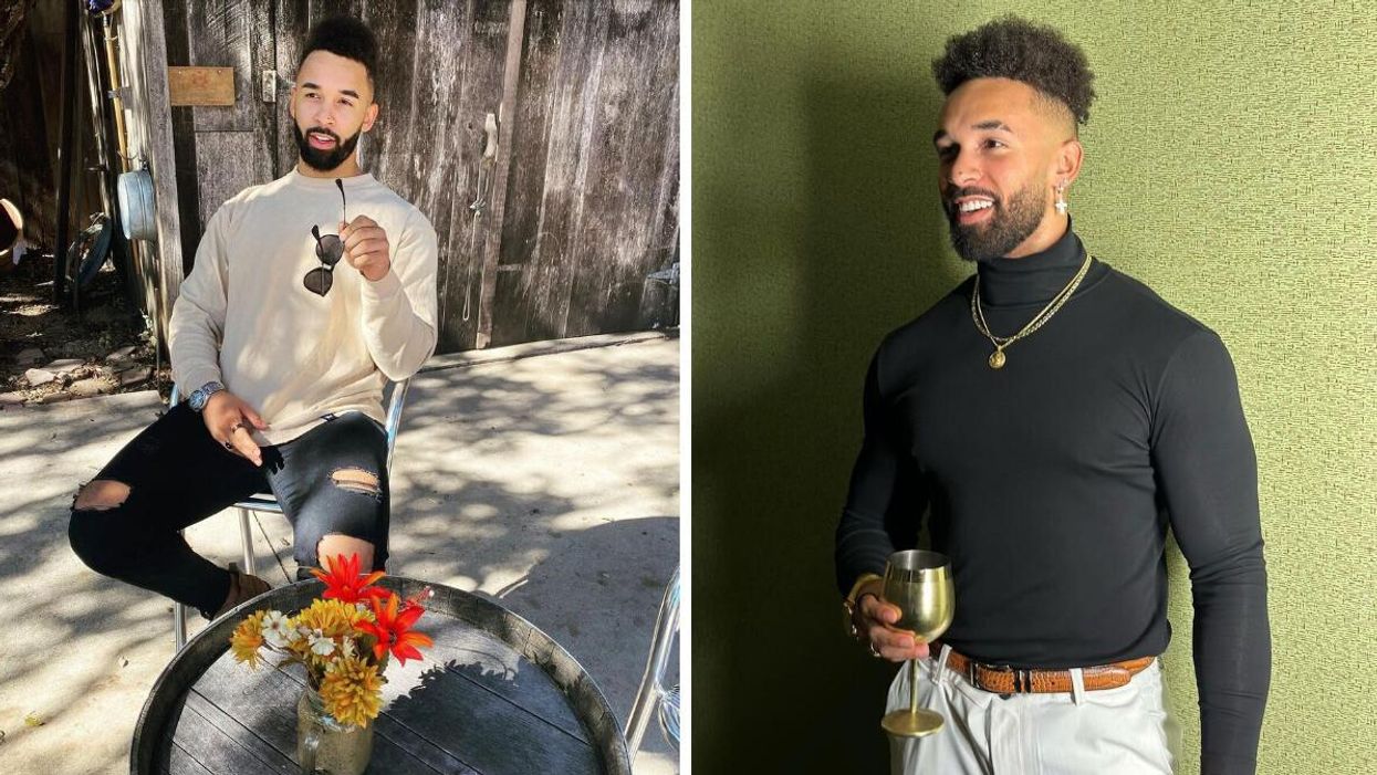 LIB's Bartise Bowden sitting at a table. Right: LIB's Bartise Bowden holding a drink.