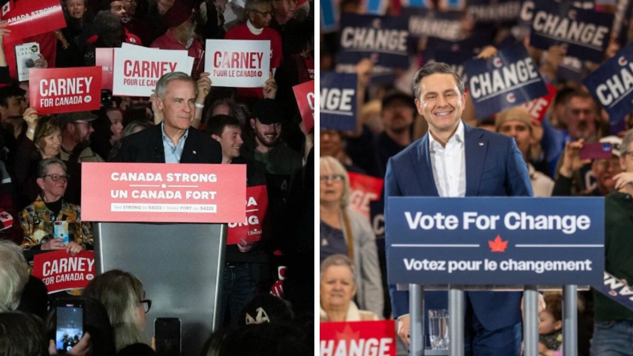 Liberal leader Mark Carney stands at a podium that reads "Canada Strong / Un Canada Fort," surrounded by supporters. Right: Conservative leader Pierre Poilievre smiles at a podium that reads "Vote For Change / Votez pour le changement," with supporters behind him.