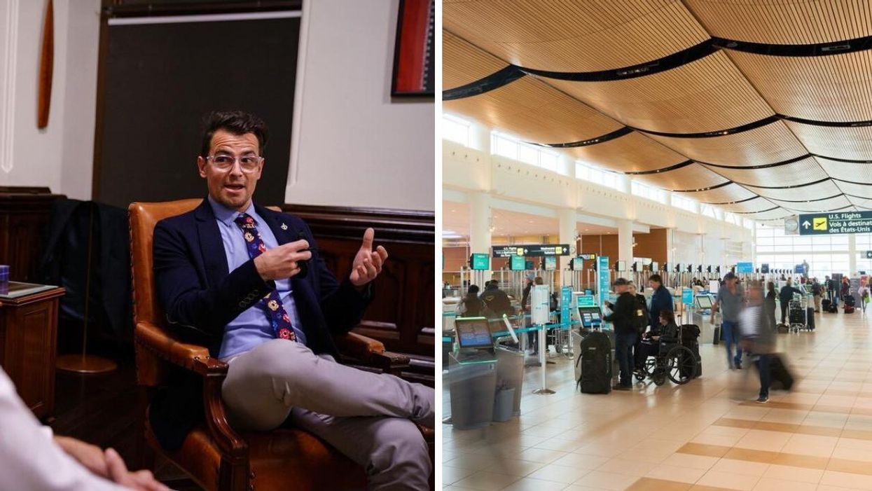 Liberal MP Adam van Koeverden in Justin Trudeau's office. Right: Travellers at the airport in Winnipeg.