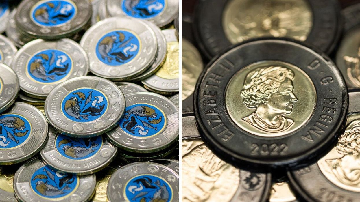 light blue inuit nunangat toonie from the royal canadian mint. right: queen elizabeth toonie with black ring