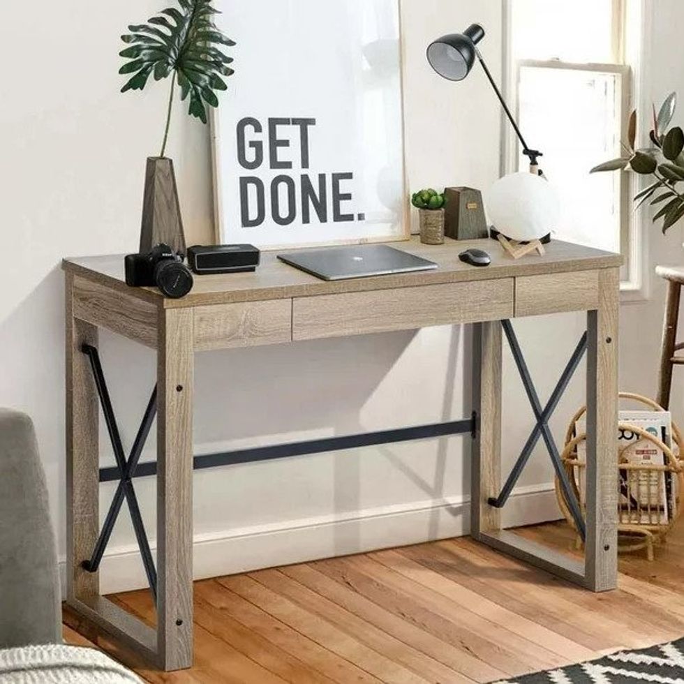 light-coloured wood homylin computer desk with storage drawer