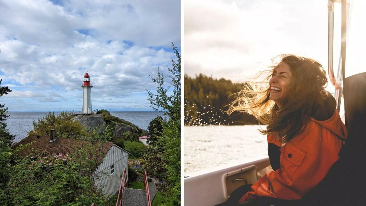 Lighthouse in B.C. Right: woman laughing on a boat.