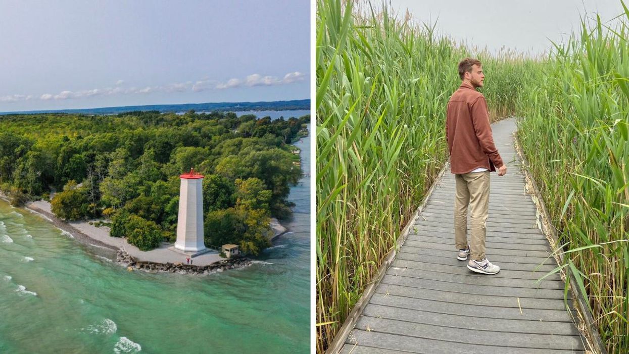 Lighthouse on the shore. Right: Man standing on a boardwalk trail.