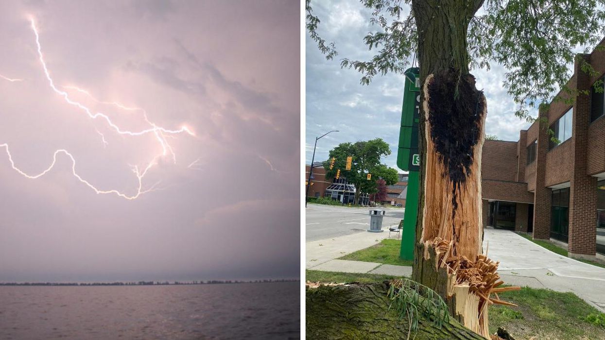 Lightning over an Ontario lake. Right: A damaged tree.
