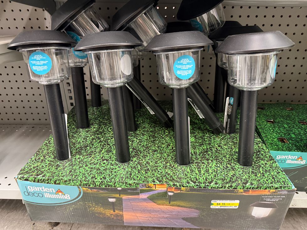 Lights on black rods on a store shelf.