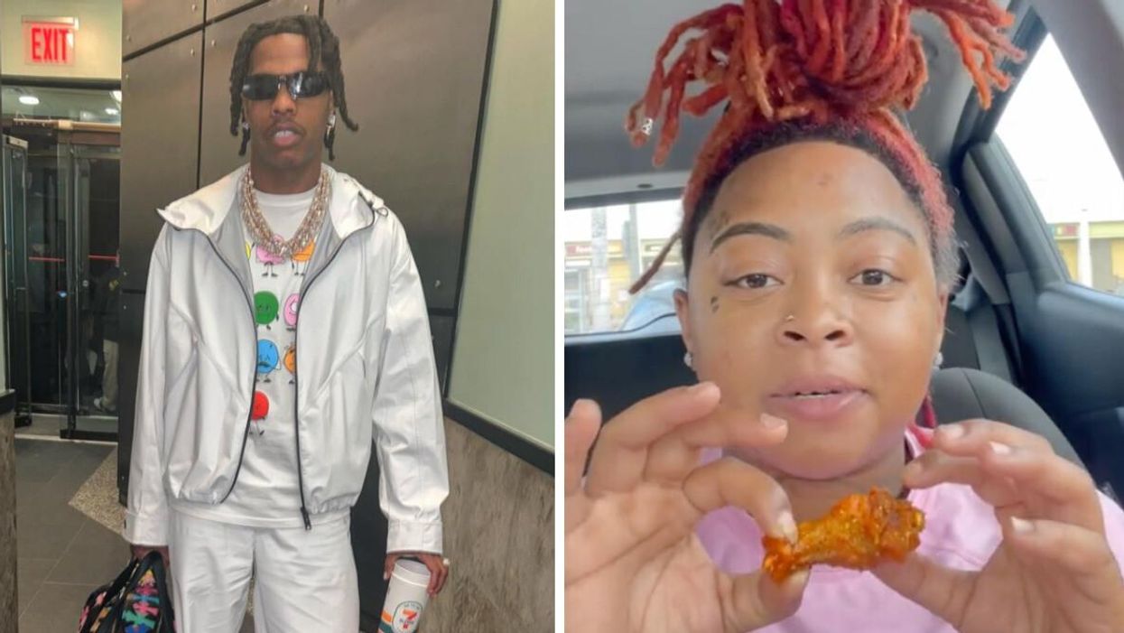 Lil Baby in a white jacket holding a 7-11 cup. Right: A Viral Tiktoker holding a wing from Lil Baby's favorite spot.