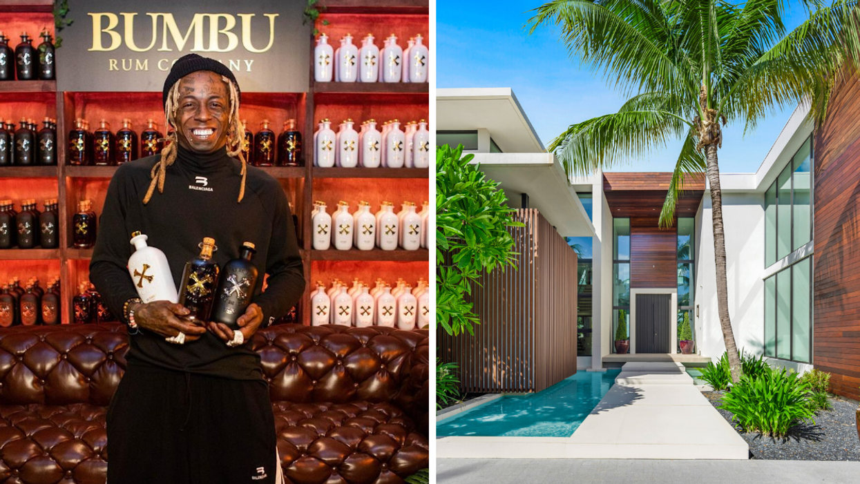Lil Wayne holding bottles of Rum. Right: Lil Wayne's Miami Mansion.