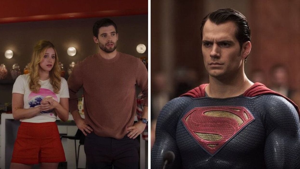 Lili Reinhart and David Corenswet on the set of Netflix's "Look Both Ways." Right: Henry Cavill as Superman in "Batman v. Superman: Dawn Of Justice."