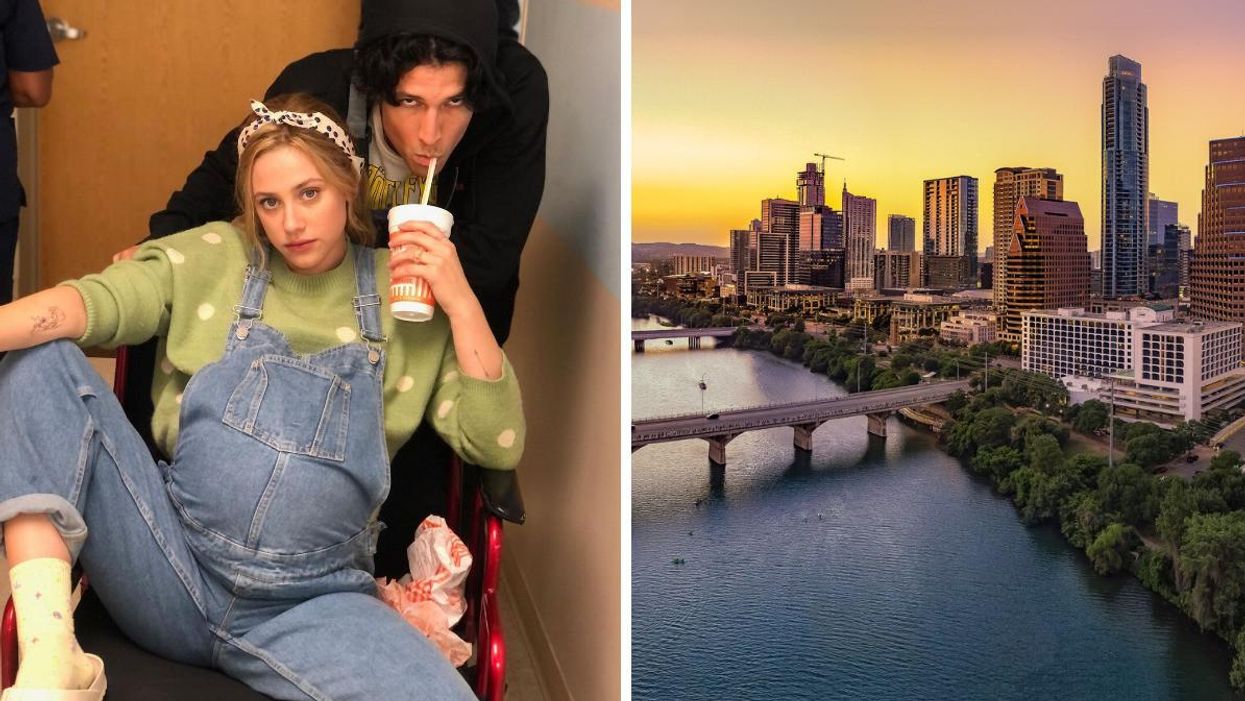 Lili Reinhart holding a Whataburger cup next to Danny Ramirez. Right: The Austin, TX skyline.
