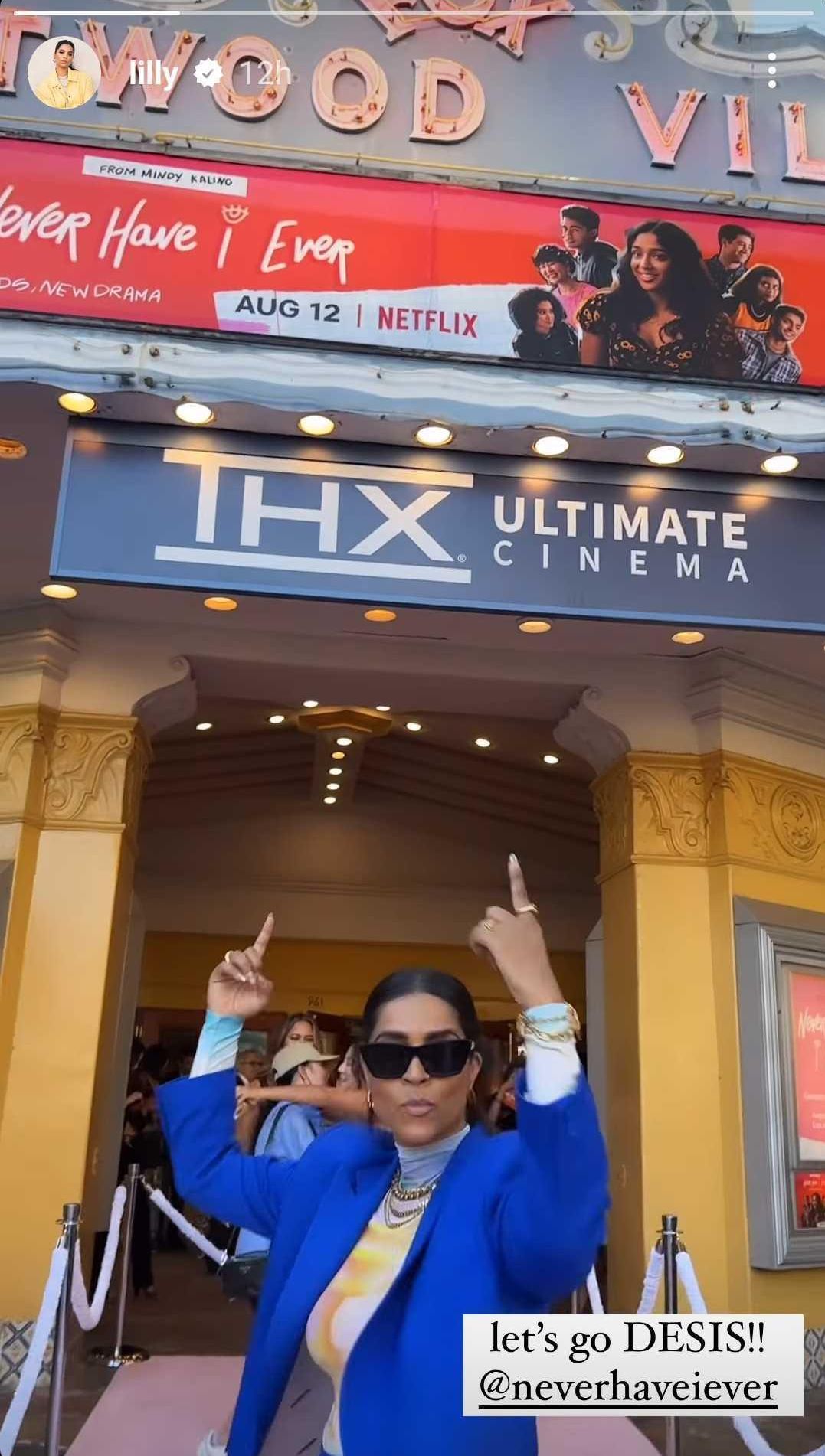Lilly Singh outside of the theatre for 'Never Have I Ever.'