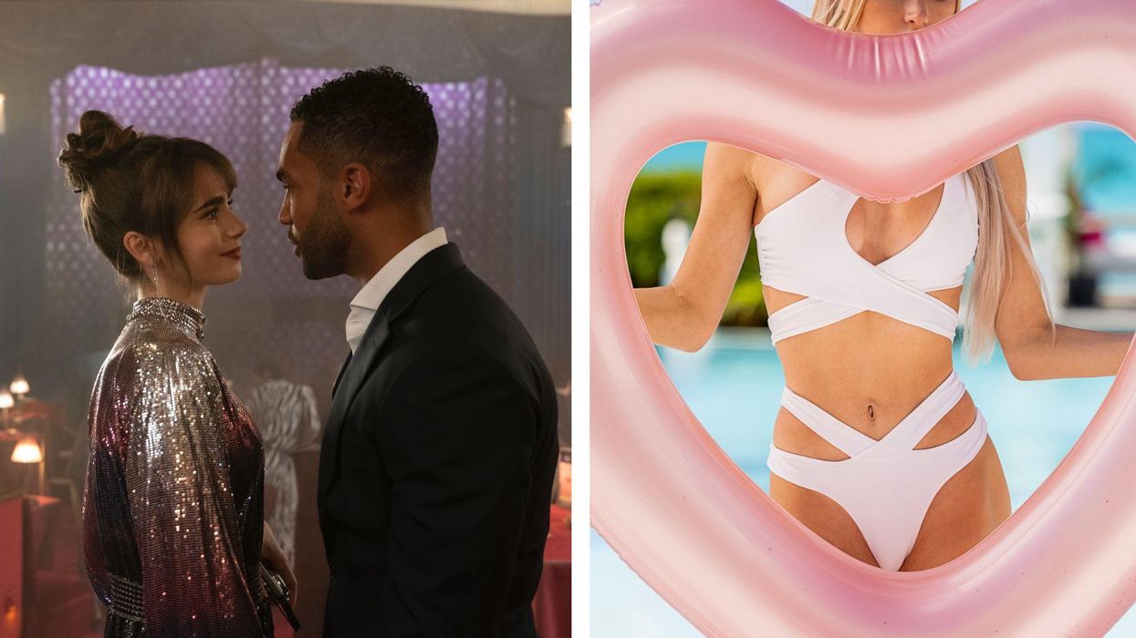 Lily Collins and Lucien Laviscount in 'Emily in Paris'. Right: Woman in a bikini in 'Too Hot to Handle'.