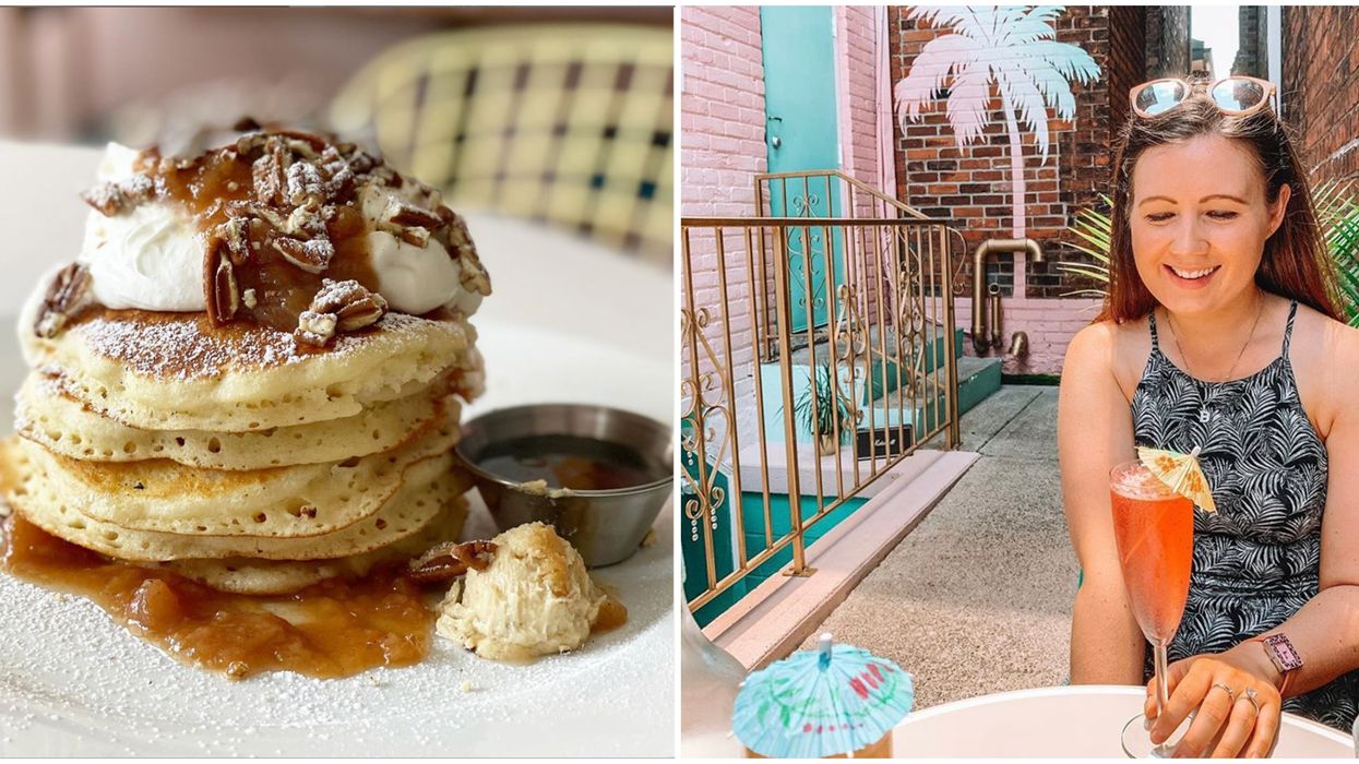 Limited Pear-adise cakes at Motel Hamilton. Right: Person enjoying a cocktail outside Motel Hamilton.
