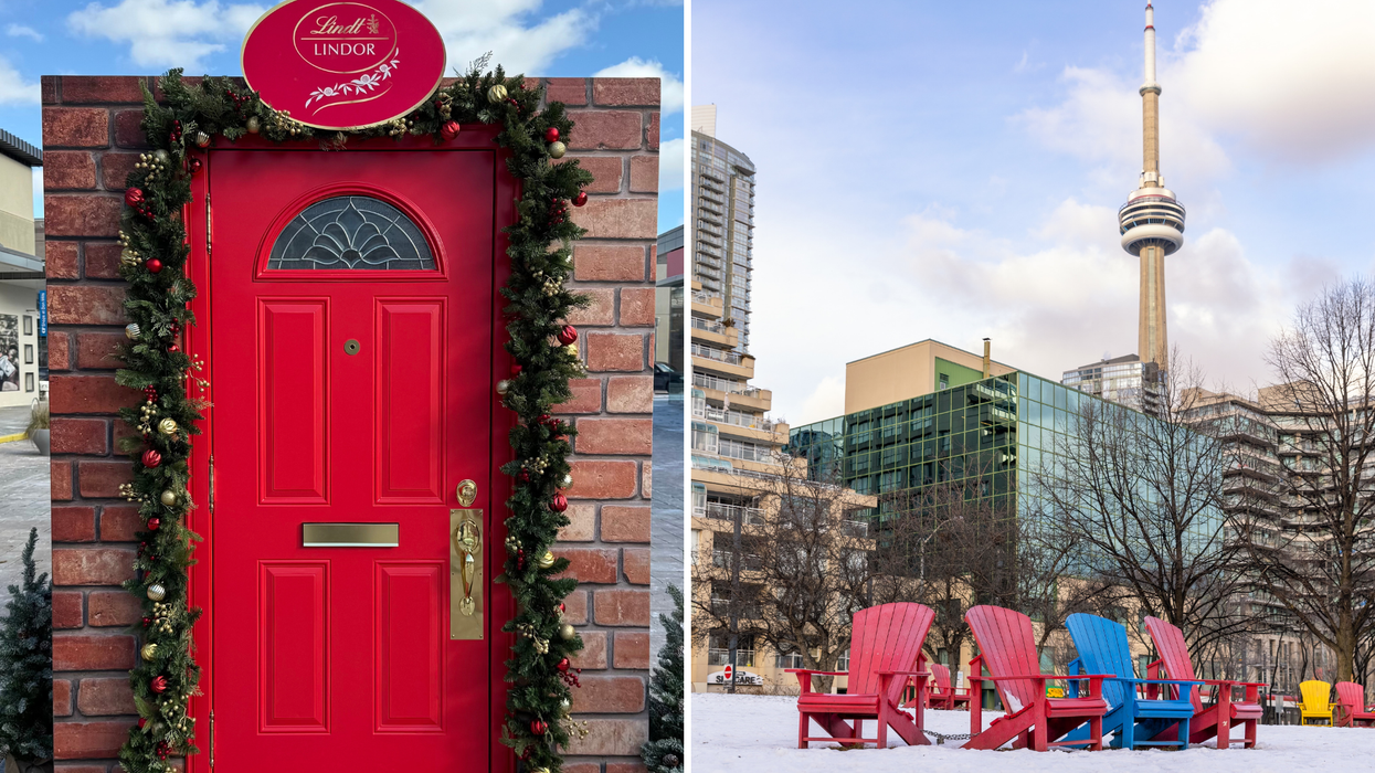 LINDOR's Red Door at the Toronto pop-up event. Right: Adirondack chairs on snow in front of CN Tower.