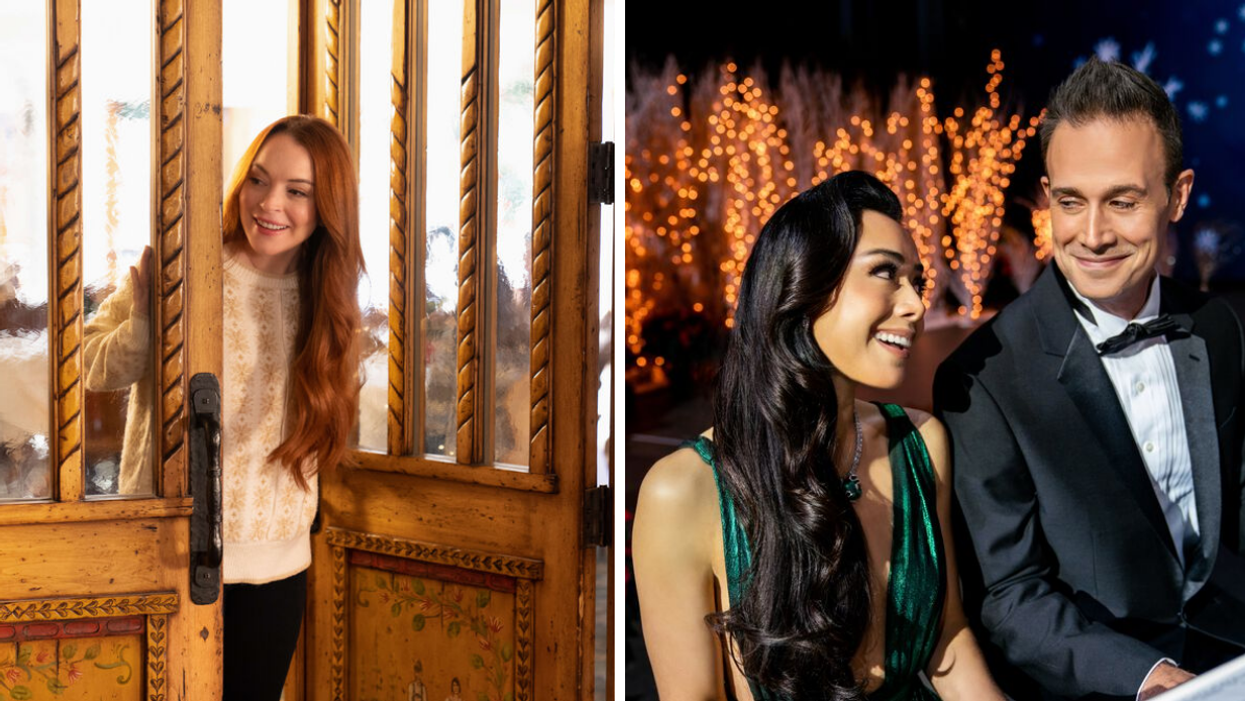 Lindsay Lohan in 'Falling For Christmas'. Right: Aimee Garcia and Freddie Prinze Jr.