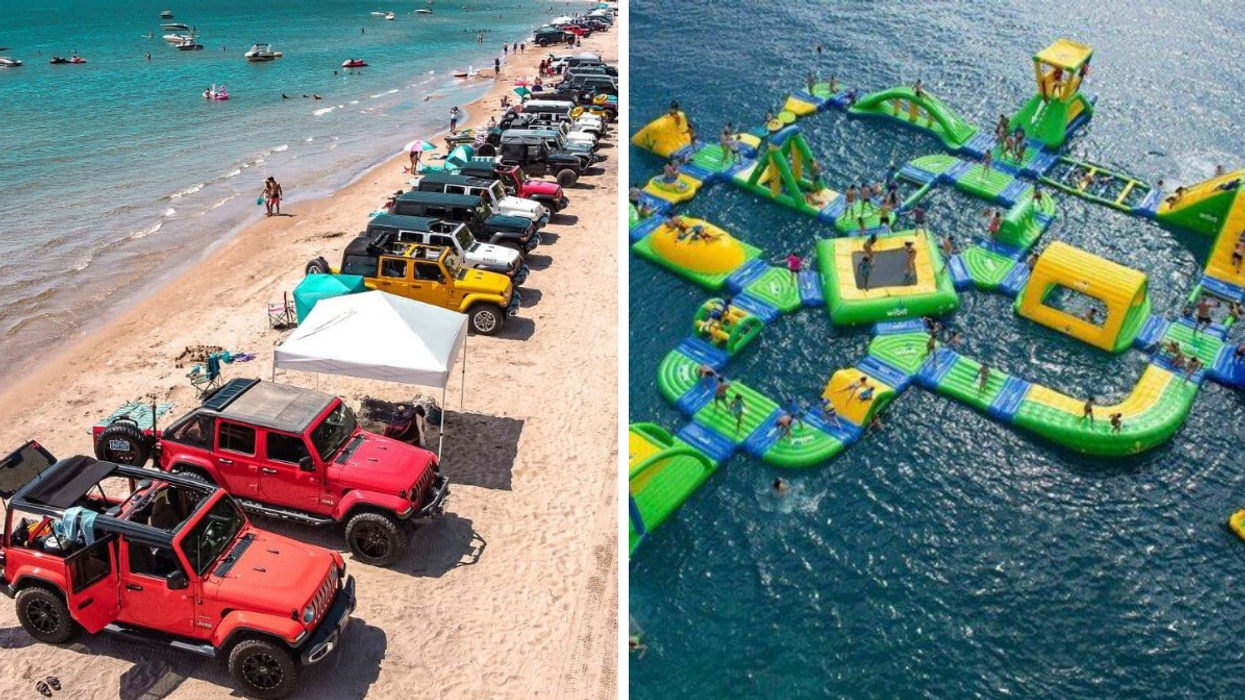 Lineup of cars tailgating on a sandy beach shore. Right: Splashtown Niagara inflatable waterpark.