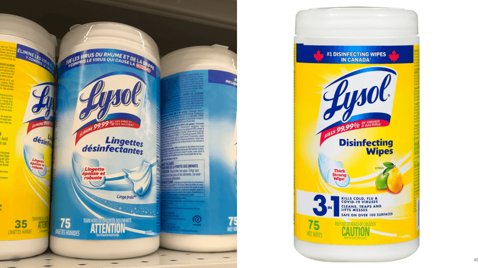 Lingettes d\u00e9sinfectantes Lysol sur les tablettes du Dollarama. Droite : Lingettes d\u00e9sinfectantes Lysol sur le site du Tigre G\u00e9ant.