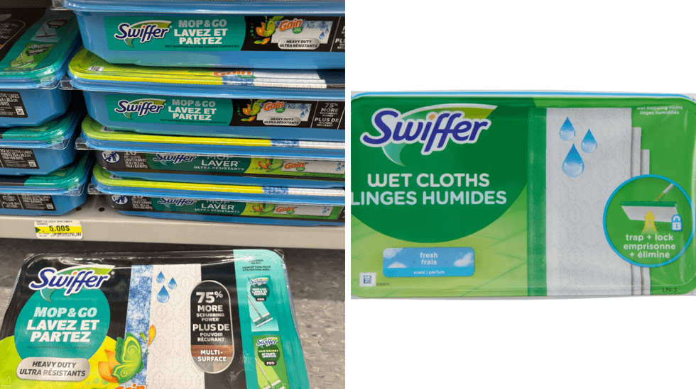 Lingettes Mop & Go de Swiffer sur les tablettes du Dollarama. Droite : Linges humides de Swiffer sur le site du Tigre G\u00e9ant.