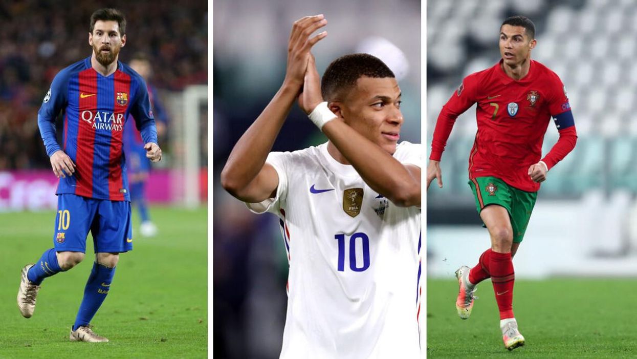 Lionel Messi. Middle: Kylian Mbappe. Right: Cristiano Ronaldo.