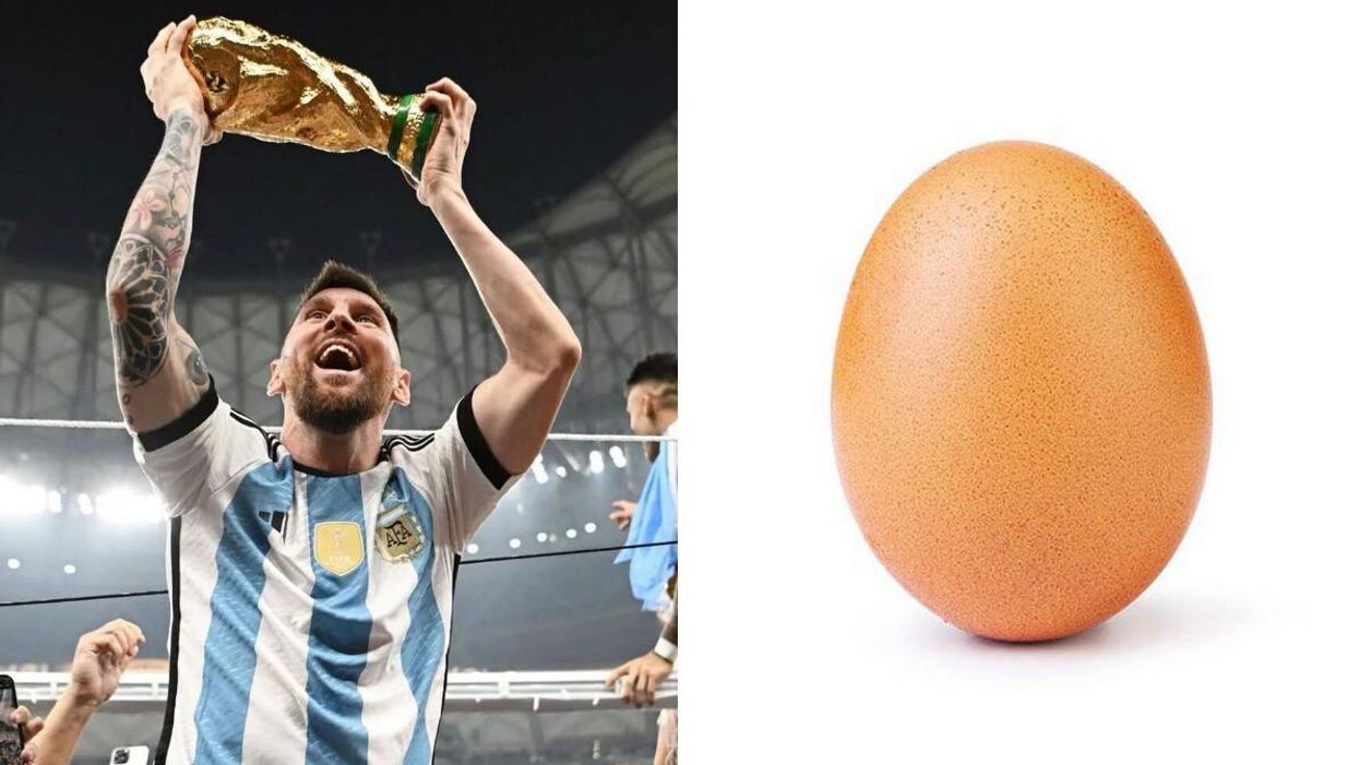 Lionel Messi posing with the World Cup trophy. Right: the picture of the egg.