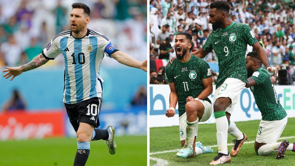 Lionel Messi. Right: Members of the Saudi Arabia team celebrating their win.