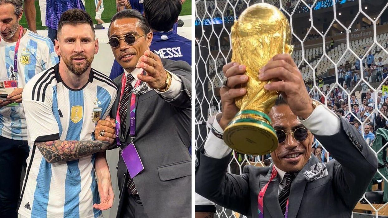 Lionel Messi with Salt Bae. Right: Salt Bae with the World Cup trophy.