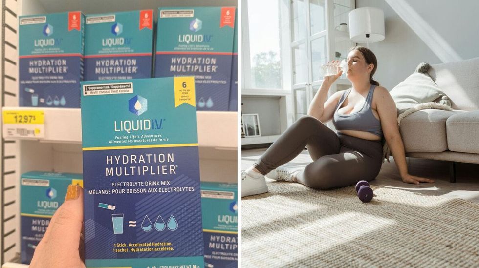 Liquid I.V. sachets at Walmart. Right: A person drinks water at home after exercising.