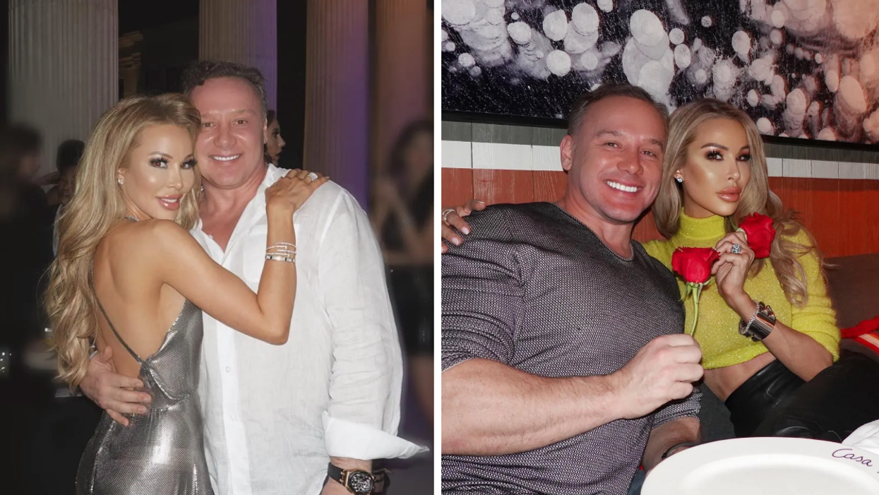 Lisa and Lenny Hochstein hugging. Right: Lisa and Lenny Hochstein at Casa Tua with roses in their hand.