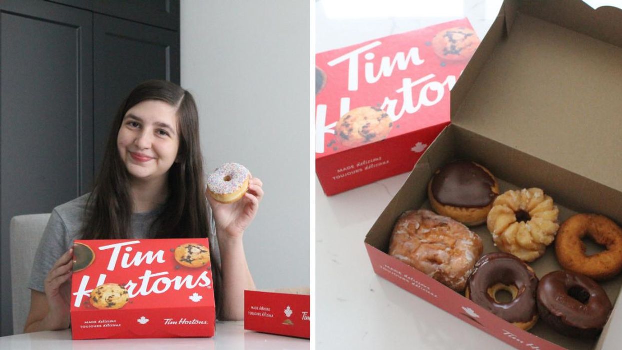 Lisa Belmonte holding a Tim Hortons donut. Right: Boxes of Tim Hortons donuts.