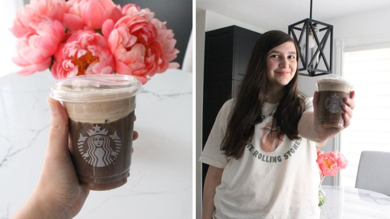 Lisa Belmonte holding the new Chocolate Cream Cold Brew from Starbucks.