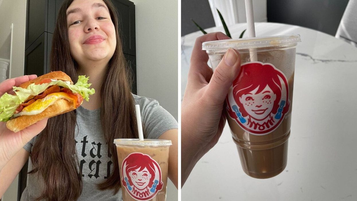 Lisa Belmonte holding the new Wendy's Egg BLT sandwich. Right: Wendy's iced coffee.