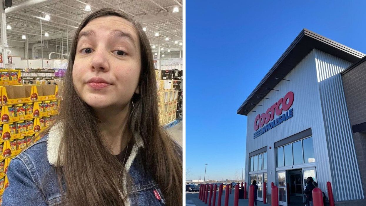 lisa belmonte in an aisle at costco. right: exterior of a costco warehouse with people going through the entrance