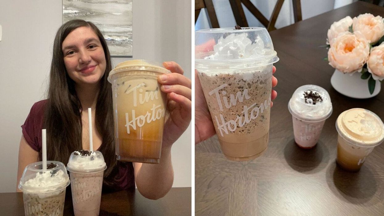 Lisa Belmonte with the new Tim Hortons drinks. Right: Tim Hortons Oreo Double Stuf Iced Capp, Oreo Strawberry Creamy Chill and Caramel Toffee Cold Brew.