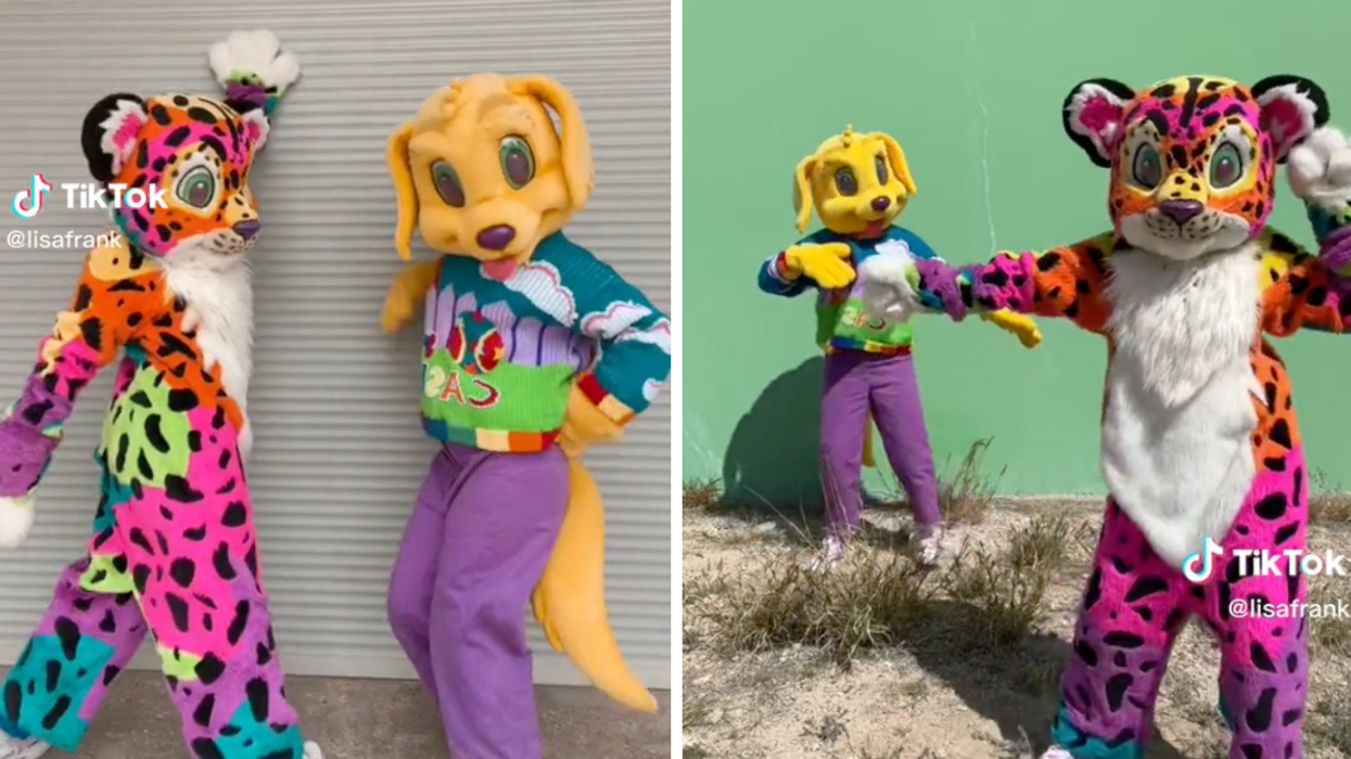 Lisa Frank Mascots dancing. Right: Lisa Frank Mascots dancing on St. Patrick's Day.