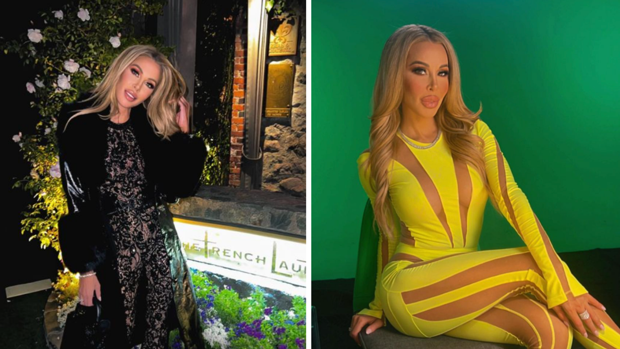 Lisa Hochstein in a black outfit. Right: Lisa Hochstein doing her confessionals for The Real Houswives of Miami.