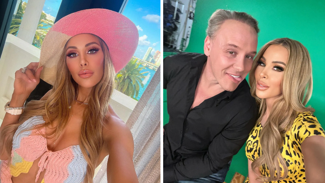 Lisa Hochstein in a pink hat. Right: Dr. Lenny Hochstein and Lisa Hochstein on "The Real Housewives of Miami" interview set.