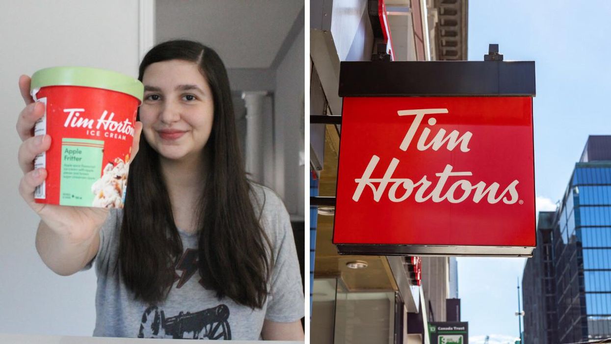 Lisa holding a pint of Apple Fritter ice cream from Tim Hortons. Right: Tim Hortons sign in Toronto.