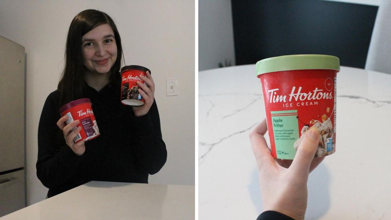 Lisa holds two Tim Hortons ice cream flavours. Right: Tim Hortons ice cream.
