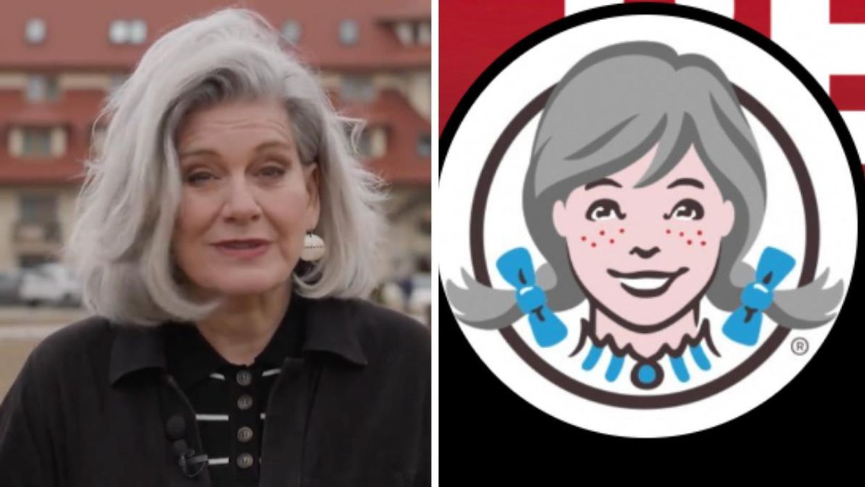 Lisa LaFlamme reporting for CTV News. Right: The Wendy's mascot with grey hair.