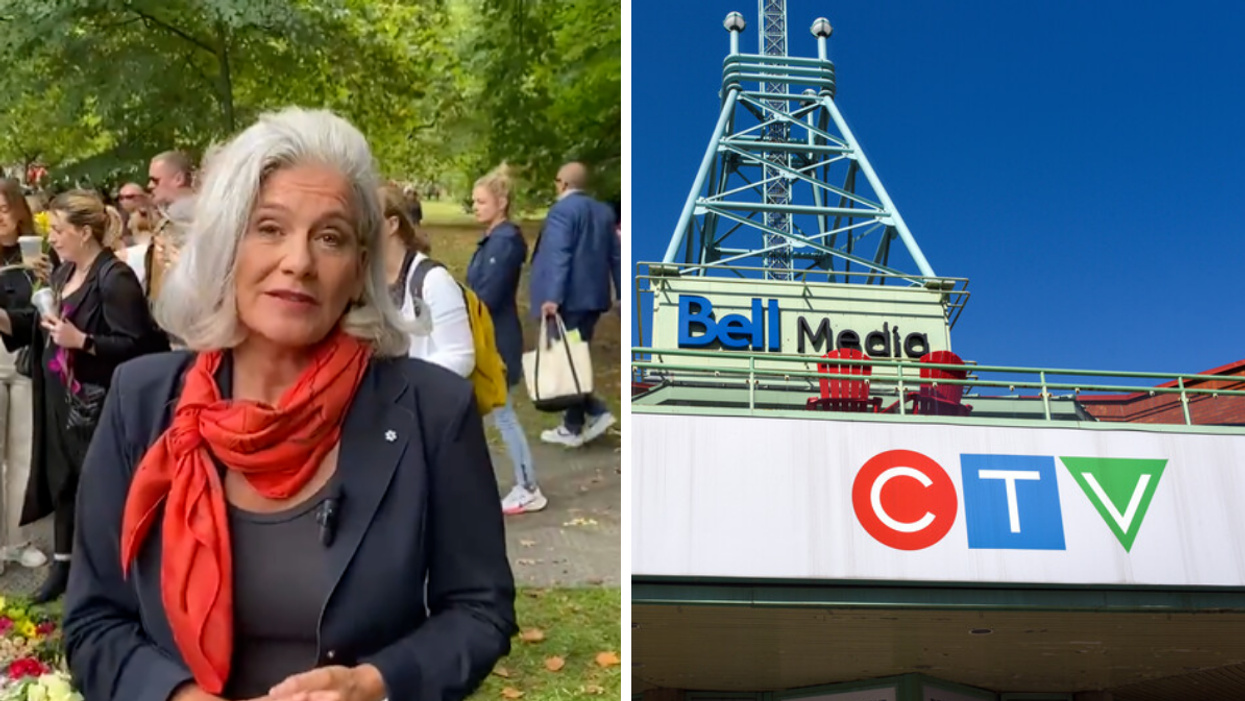 Lisa Laflamme reporting from England. Right: CTV signage in Ottawa.