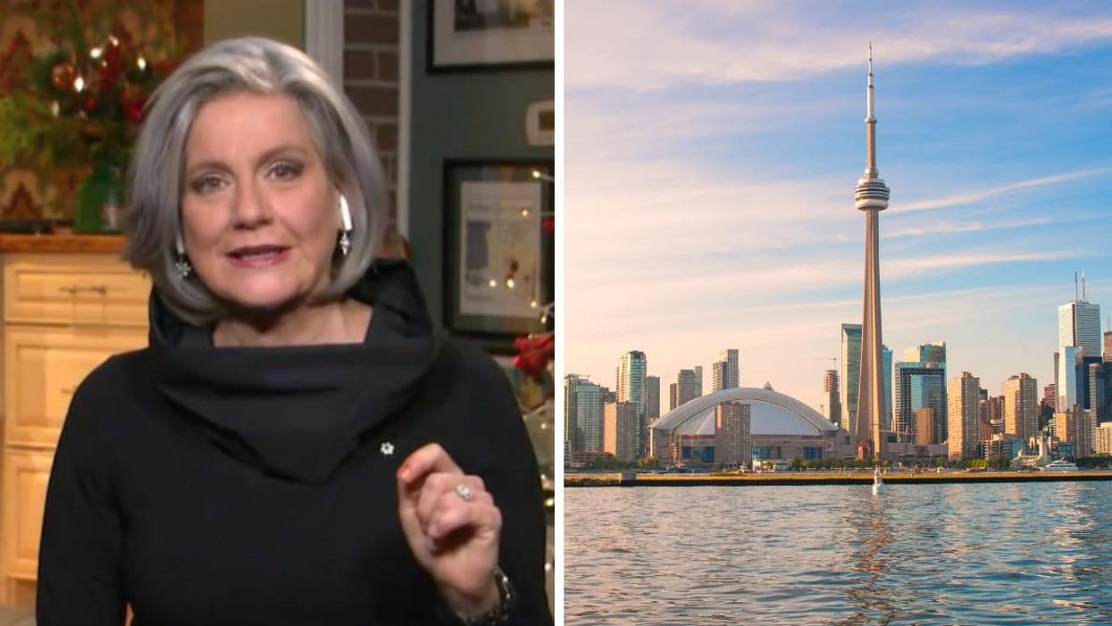 Lisa LaFlamme. Right: CN Tower in Toronto.
