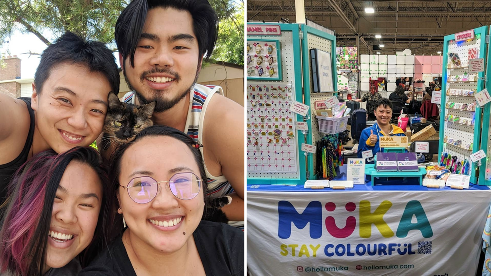 Lisa Yinxu Wang (bottom right) with MUKA co-founders. Right: The MUKA booth.