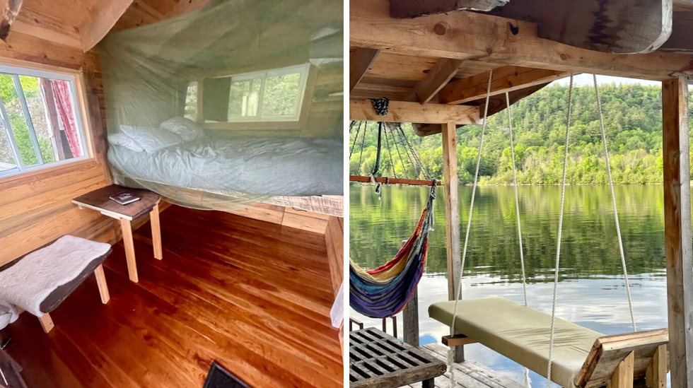 Lit double. Droite : Quai avec hamac et balan\u00e7oire.