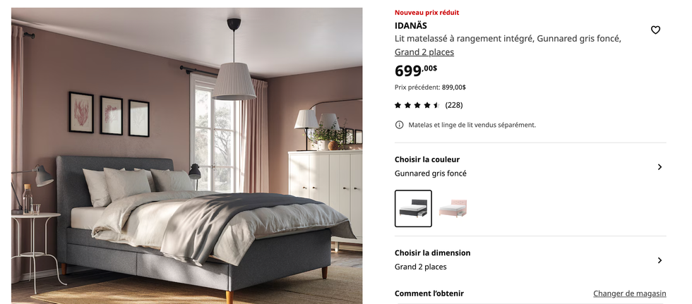 Lit matelass\u00e9 \u00e0 rangement int\u00e9gr\u00e9 IDAN\u00c4S du IKEA.
