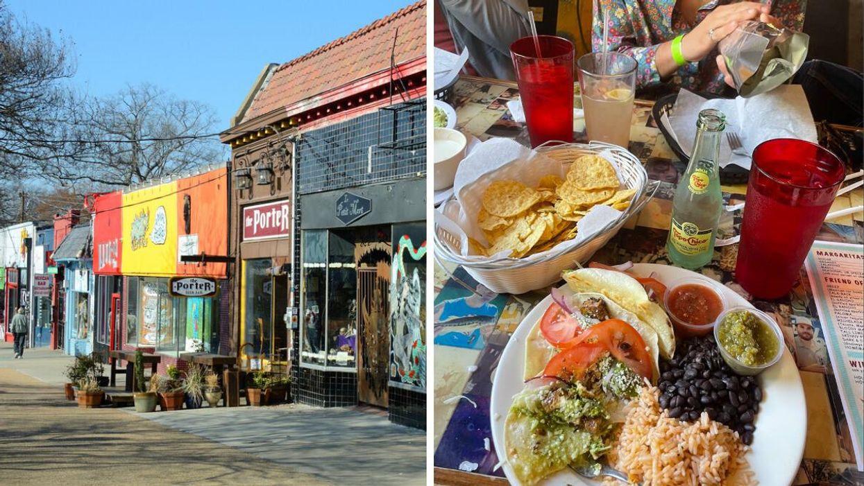 Little Five Points neighborhood in Atlanta, GA. Right: A burrito from Elmyr in Atlanta, GA. 